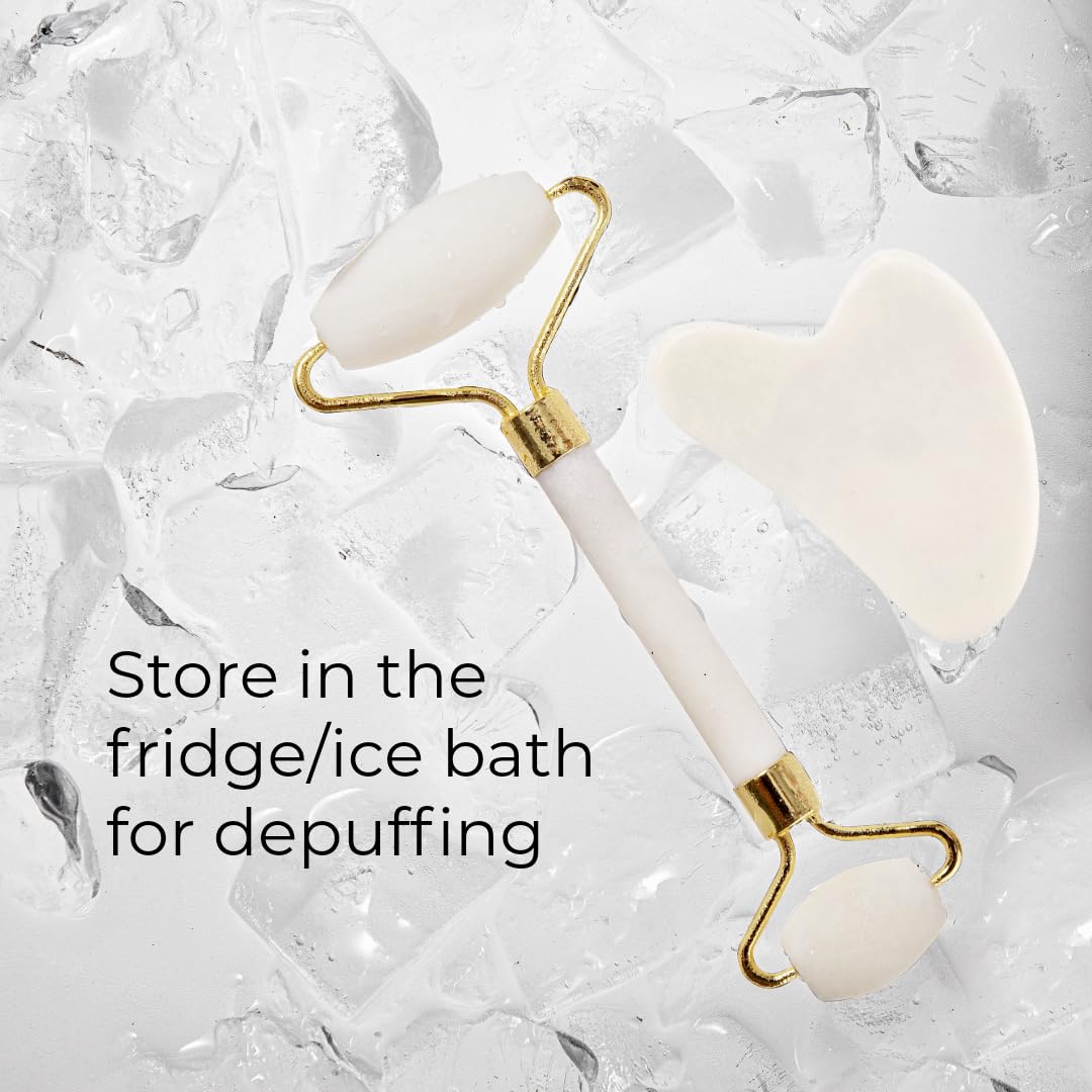 Gua Sha Facial Tools & Jade Roller for Face, Eye & Neck Skin Care, 100% Natural Jade Stone Face Roller Gua Sha Massage Tool, Eye Roller for Puffy Eyes, Facial Self Care Kit for Women (White)