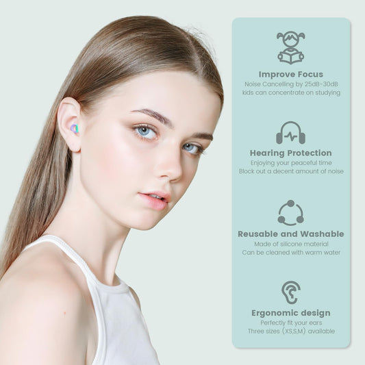 JUSTRVN Kids Ear Plugs(6+yrs)-2 Pairs of Reusable Noise Reduction Earplugs for Small Canal With 6 Tips,Soft Silicone Earplugs for Sleeping,Focus,Travel,Socializing,Concert&Hearing Protection 25dB-30dB