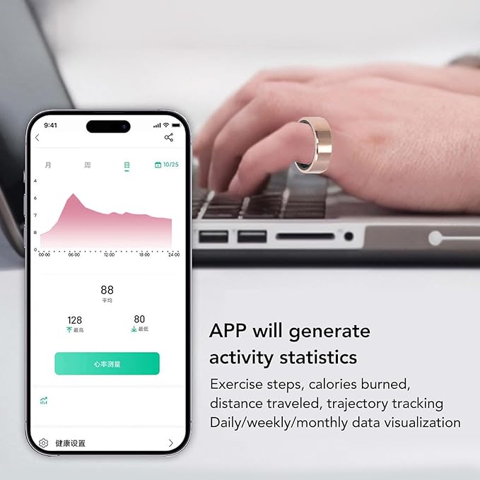 ASHATA Smart Ring Fitness Ring Tracker, Bluetooth Health Ring to Monitor Fitness Pedometer Sleep Data, APP Control, Smart Ring for Men Women, Sleep Tracking Ring, Gold (12)