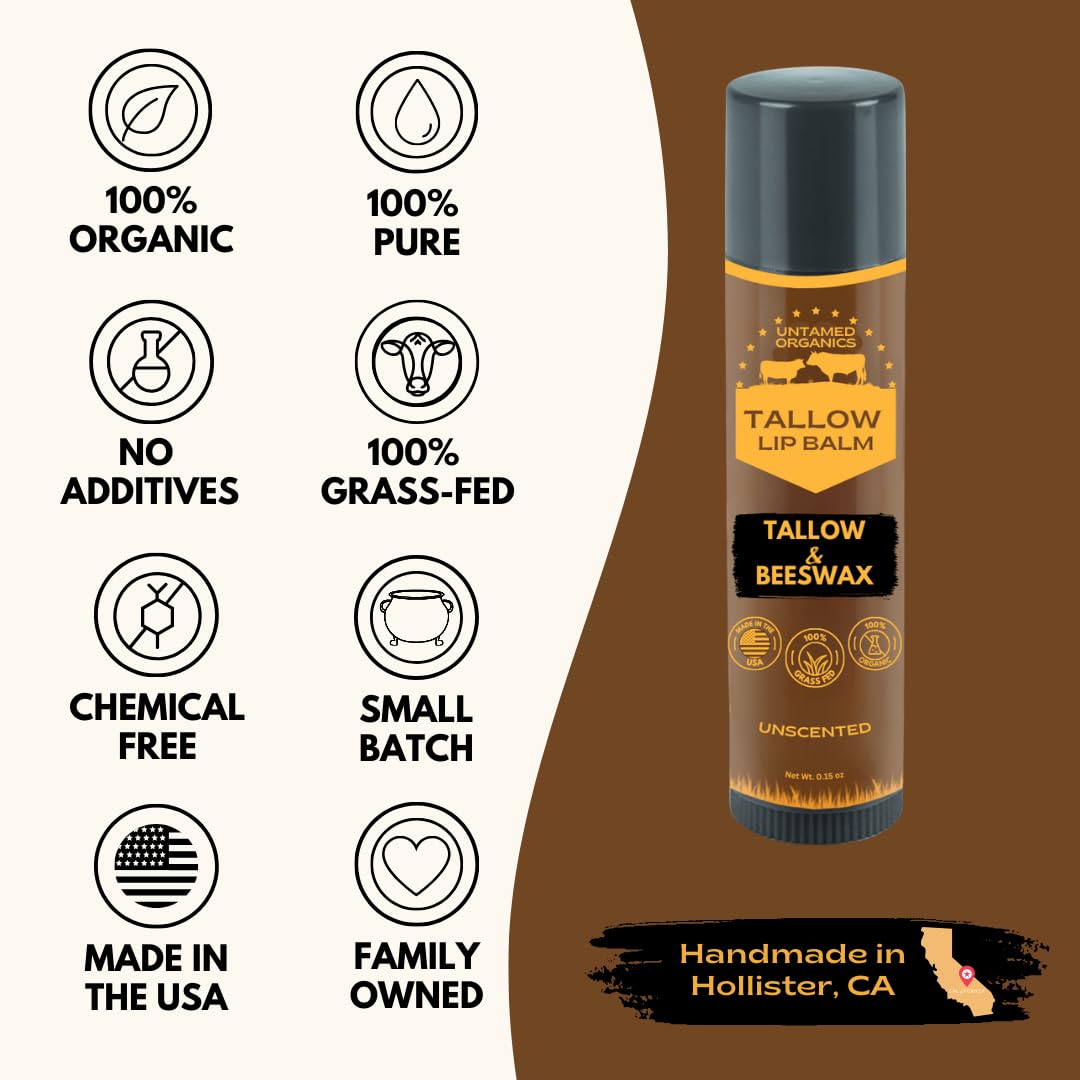 Untamed Organics Pure Tallow Lip Balm | 100% Grass-Fed Beef Tallow and Organic Beeswax | Moisturizing Lip Care for Dry, Chapped Lips | Hypoallergenic, Fragrance-Free | Handcrafted in USA | 4-Pack