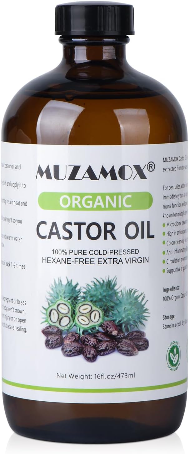 Castor Oil Organic Cold Pressed Unrefined Glass Bottle, 100% Pure and Hexane Free, Ideal for Castor Oil Pack, Skin Care, and Hair Growth, 16 Fl Oz