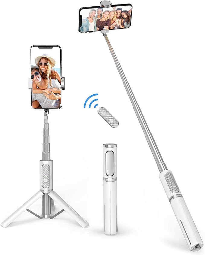 ATUMTEK Selfie Stick Tripod, 3-in-1 Extendable Aluminum Phone Tripod with Detachable Bluetooth Remote, Compatible with iPhone 17/16/15/14/13/12/11/11 Pro/XS Max/XR and Samsung Smartphones, White
