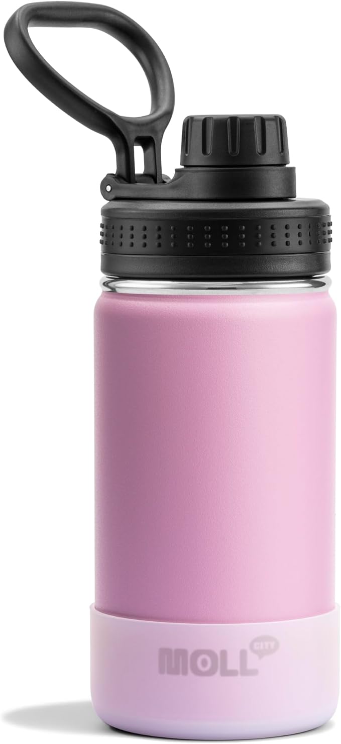 Kids Water Bottle for School 12 oz Stainless Steel Double Wall Vacuum Insulated Water Bottle Leak Proof-Reusable Metal Flask with Silicone Boot for Travel, BPA-Free(Purple Pink)