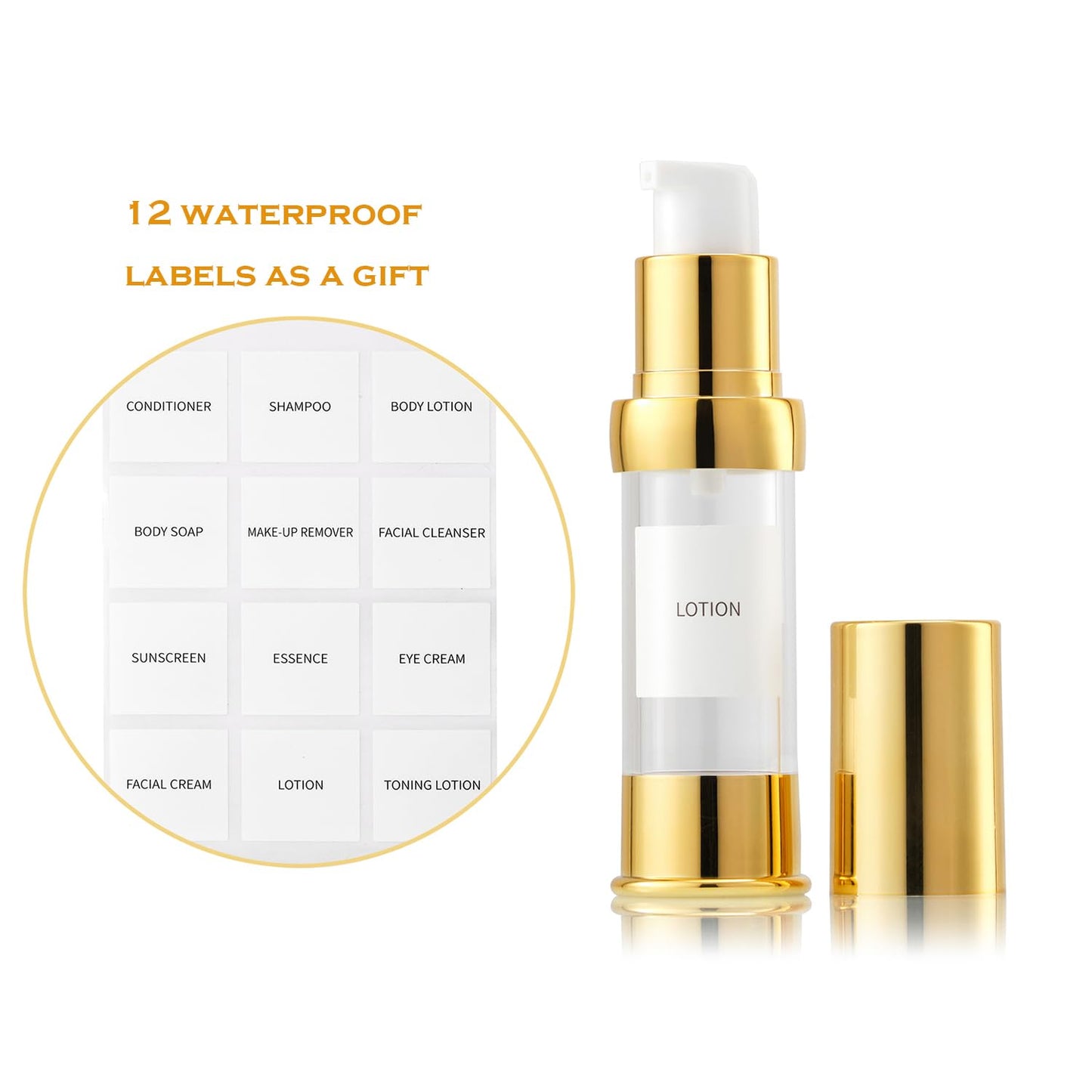 XQNCBY Gold 15ML Airless pump bottle Toiletries Travel Size containers mini makeup bottle Dispenser with Box Reusable empty cosmetic packaging bottles (0.5 oz/15 ml, 4 Packs)