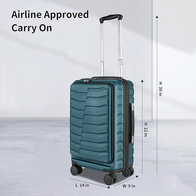 22×14×9 Airline Approved Carry On Expandable Luggage with Front Open Pocket, Spinner Wheels, ABS+PC Hardshell Small 20inch Suitcase with Protective Cover and Luggage Tag, Teal Blue