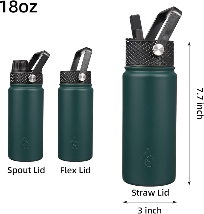 BJPKPK Insulated Water Bottles with Straw Lid, 18oz Stainless Steel Metal Water Bottle, Cold Hot Thermo with 3 Lids, Leak Proof BPA Free Travel Cup, Wide Mouth Flasks, Thermo-Army Green