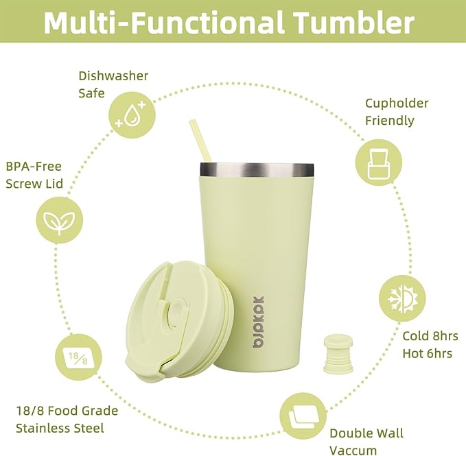 BJPKPK 18oz Insulated Tumbler With lid And Straw Stainless Steel Tumblers Travel Coffee Mug Reusable Thermal Cup,Macaron Green