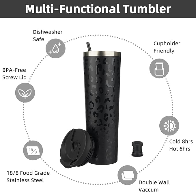 BJPKPK 34oz Insulated Tumbler With lid And Straw Stainless Steel Tumblers Travel Coffee Mug Reusable Thermal Cup,Black Leopard