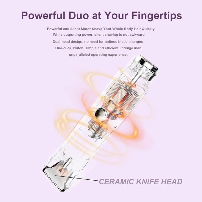 2 in 1 Women Electric Shaver,Dual Head Bikini Trimmer for Women IPX7 Waterproof Wet & Dry Use with Ceramic Blade Trimmer Remover Rechargeable HD Display for Bikini Leg Arm Body Face（Purple）