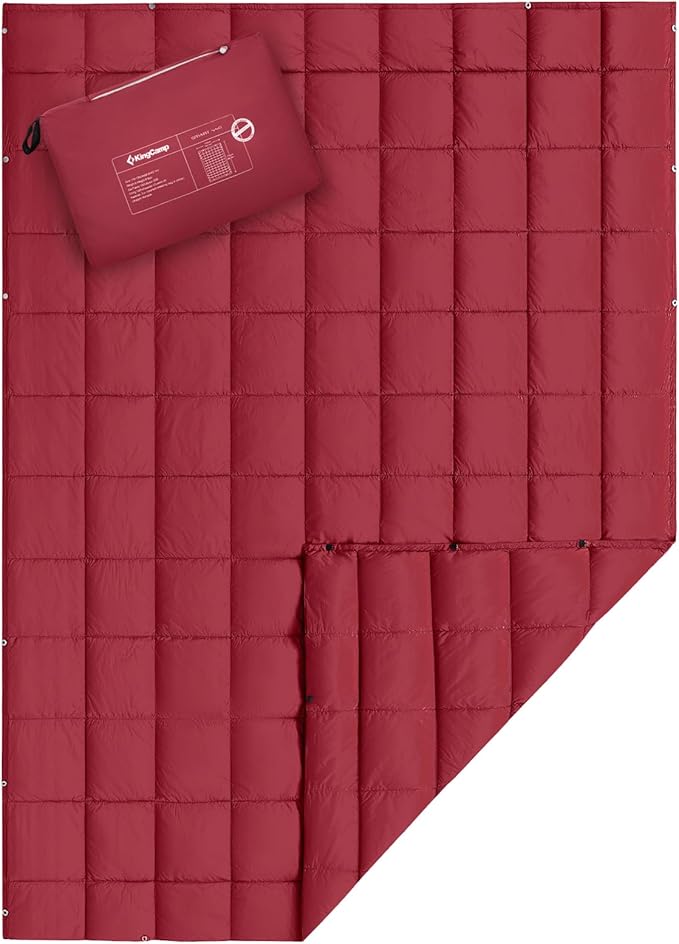 KingCamp Ultralight Camping Blanket, Packable Down Alternative Puffy Wearable Blankets Weatherproof Warm Package Quilt with Snap Buttons for Outdoor Hiking Travel, Picnic Stadium, (69" x 53" Crimson)