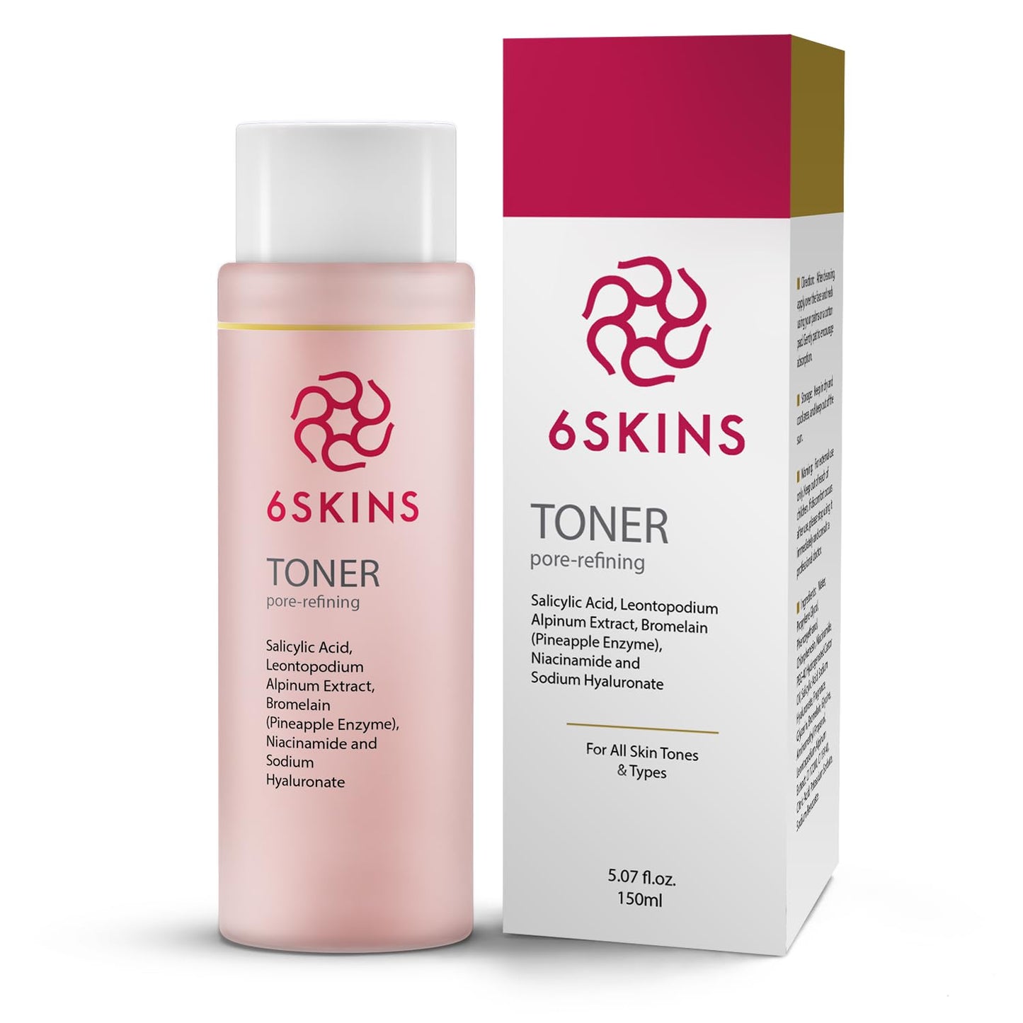 6SKINS® Pore Refining Toner for Face with Salicylic Acid (BHA) & Glycolic Acid (AHA) - Hydrating Korean Skin Care Face Toner for Women - Pore Minimizer for Face, Brightens & Moisturizes Skin - 150 ml