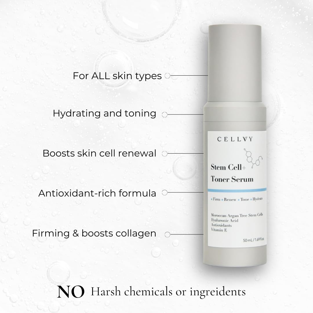 CELLVY Korean Stem Cell + Toner Serum w/Moroccan Argan Tree Stem Cells, Hyaluronic Acid & Antioxidants, Firming, Hydrating, Anti-Aging, Boosts Collagen Production, Cooling w/Aloe Vera