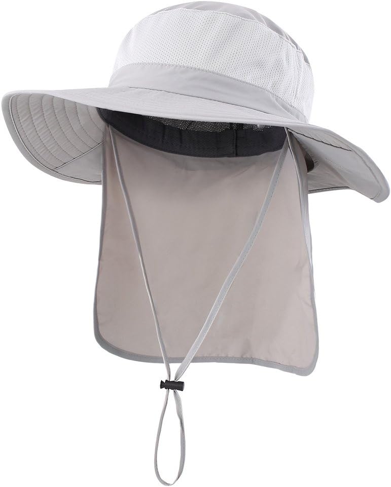 Home Prefer Mens Sun Hat with Flap Summer Neck Cover Foldable Fishing Cap Wide Brim Sun Protection Hat Light Gray