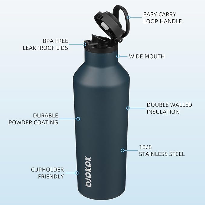 BJPKPK Insulated Water Bottle With Straw 25oz Stainless Steel Water Bottles With 2 Lids And Carry Handle Reusable Travel Metal Thermo,Navy Blue