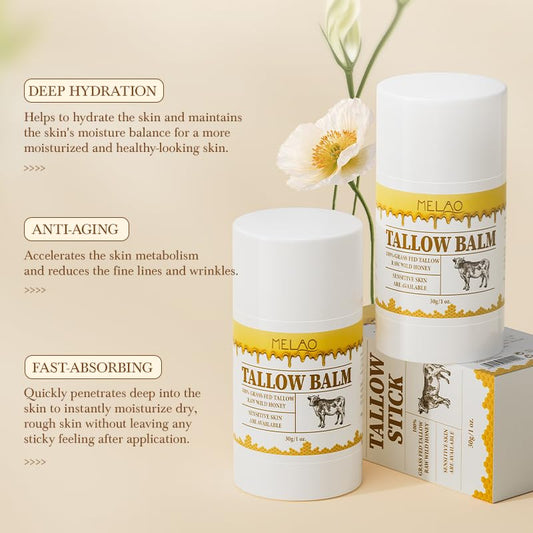 BAISEN DIARY Tallow Balm Stick - Multi-Purpose Moisture Stick for Face & Body, Tallow and Honey Balm for Dry Skin, Lips & Cuticles, Soothing & Hydrating, Beef Tallow Moisturizer