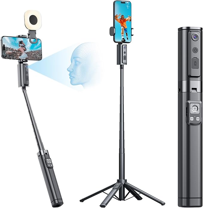 2025 Upgraded 57” Auto Face Tracking Tripod 360 Rotation Facial Recognition Tripod for iPhone with Light AI Face Following Tripods with Remote and Gesture Control for TikTok Vlogging Live Streaming