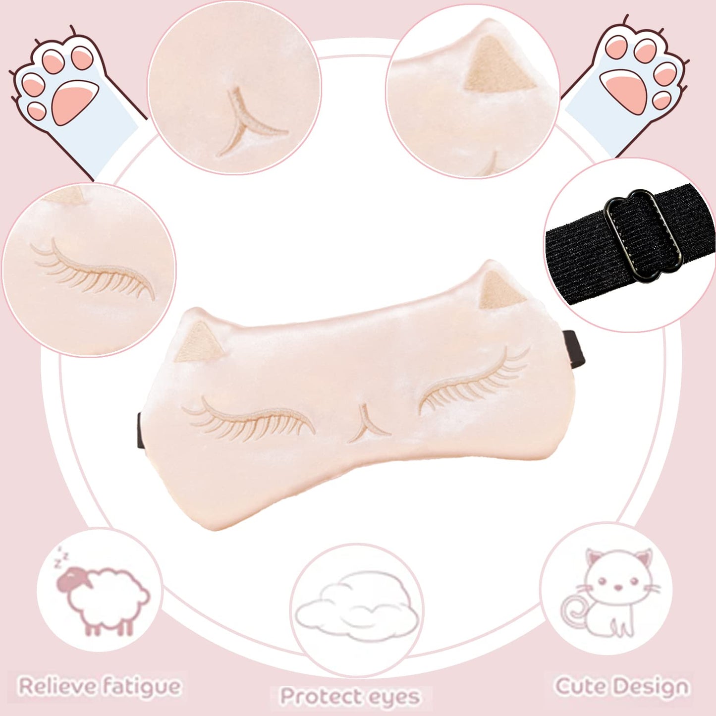 Mukveitn Cute Cat Sleep Mask for Kids, 2 Pack Silk Sleeping Eye Cover Adjustable Mask Night Eyeshade Cover for Girls Boys Women Men Sleep Travel Nap Party Supplies