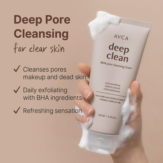 AVCA BHA Pore Cleansing Foam - Korean Facial Cleanser, Face Wash, Daily Dead Skin Care for All Skin type Facial Wash, Face Cleanser with BHA, Korea Skincare (200ml/6.76 fl.oz)