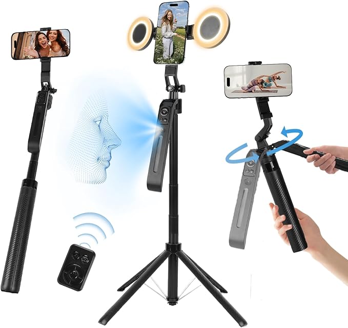 70.9" Auto Face Tracking Tripod 360° Rotation with Stand & Light, Phone Camera Holder Stand with Remote & Gesture Control, Extendable Selfie Stick for GoPro/Travel/Vlog/Video/Tiktok/Live Streaming