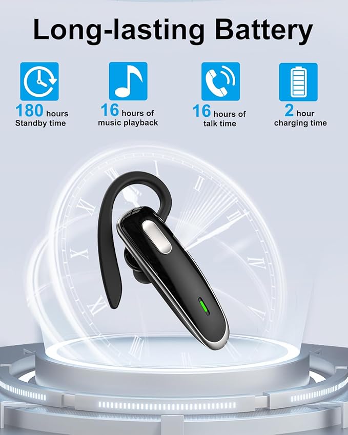 Bluetooth Headset, V5.1 Ultralight Wireless Handsfree Earpiece Cell Phone with Noise Cancellation Microphone for PC Tablet/Laptop Computer, Headphones for Trucker/Driver/Business- Black
