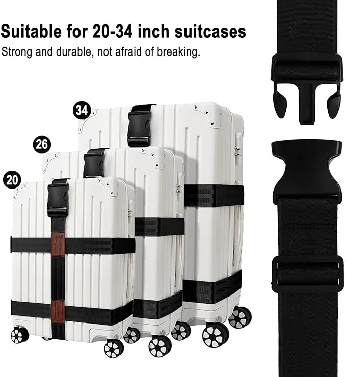 3-in-1 Luggage Straps Luggage Belt Strap, Luggage Straps for Suitcases TSA Approved, Bag Straps for Luggage,Suitcase Belt Strap. Wraps and Buckle Straps (Black 3-1)