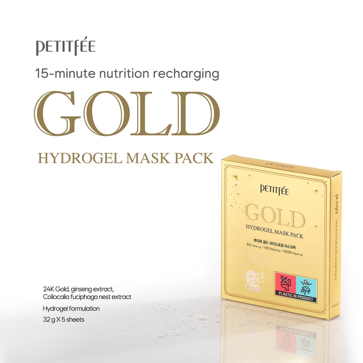 Gold Hydrogel Mask Pack 5ea - 24k Gold Face Mask for Moisturizing, Glow Skin, Hydrating, Skin Elasticity, Youthful Complexion, Ginseng, Collagen Facial Mask