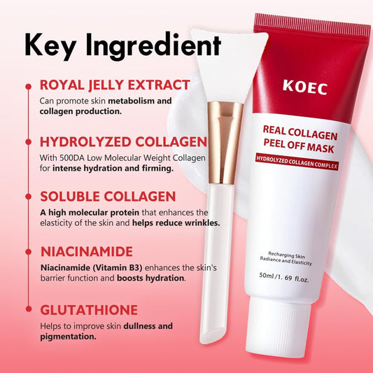 KOEC Real Collagen Peel Off Face Mask Collagen Overnight Wrapping Facial Mask,Deep Hydrating,Restores Elasticity,and Refine Pores,Hydrolyzed Collagen with 500 DA for Glass Glow Skin,1.69 fl.oz