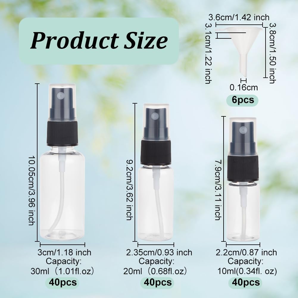 OLYCRAFT 120Pcs Plastic Travel Spray Bottles 0.3oz/10ml 0.7oz/20ml 1oz/30ml Mixed Capacity Mini Travel Bottle Set with 6pcs Funnels Refillable Liquid Containers for Essential Oils Toners Carrying