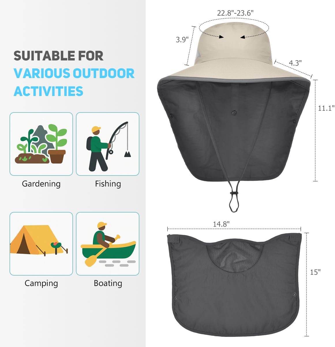 2 Pack Womens Outdoor Wide Brim Sun Hat with Neck Face Flap,UPF 50 Protection Fishing Hiking Garden Work Hats with Ponytail (US, Alpha, One Size, Light Grey ＆ Khaki)