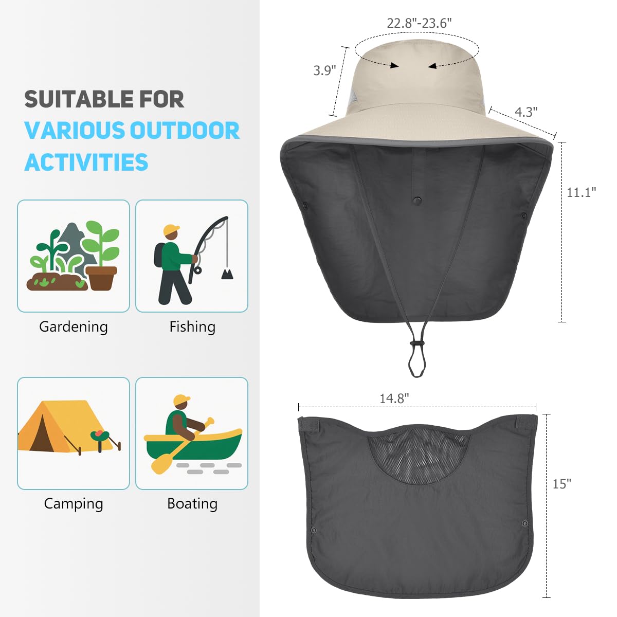 2 Pack Womens Outdoor Wide Brim Sun Hat with Neck Face Flap,UPF 50 Protection Fishing Hiking Garden Work Hats with Ponytail (US, Alpha, One Size, Light Grey ＆ Khaki)