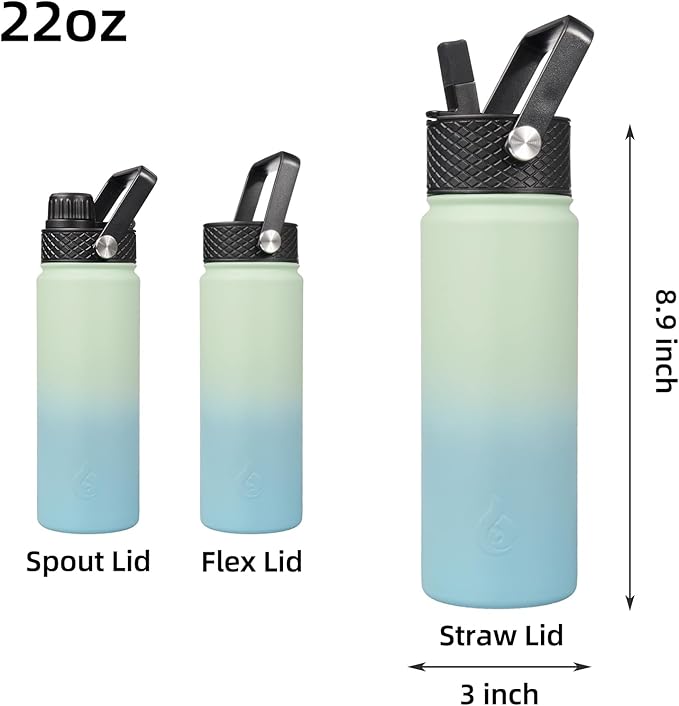 BJPKPK Insulated Water Bottles with Straw Lid, 22oz Cold & Hot Thermo, Stainless Steel Metal Water Bottle with 3 Lids, Reusable Thermo, Cups, Mugs for Daily Use-Mint