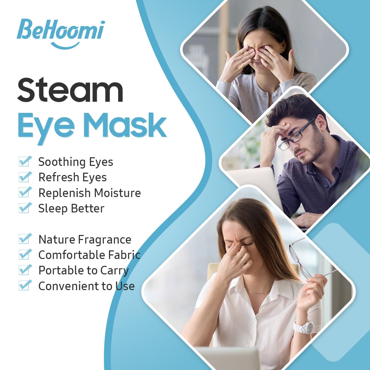 BeHoomi 20 Packs Steam Eye Mask, Heated Eye Mask Warm Compress for Eyes, Disposable Self Heating Steam Mask for Home, Sleep, Spa, Travel Essentials & Relaxation Gifts for Women (Jasmine)