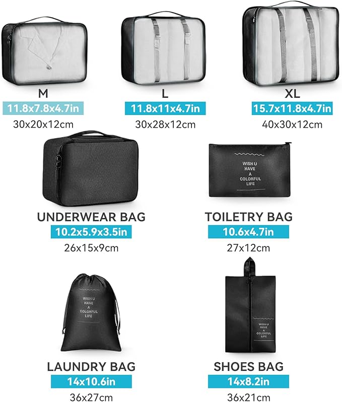 AnyZip Luggage Sets 10 Piece Hardshell Suitcase Set PC ABS Lightweight Travel Suitcases with 4 Double Spinner Wheels TSA Lock 20 24 28 Inch with 7 Storage Bags Black