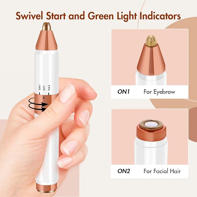 2-in-1 Dual Head Eyebrow Trimmer & Flawless Facial Hair Removal for Women, Painless & Gentle Facial Hair Remover for Brows, Chin, Upper Lip, Cheeks, Type-C Charging for Women