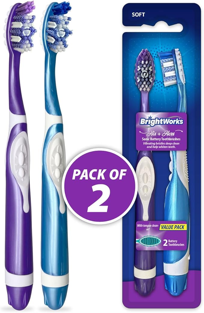 BrightWorks Sonic Battery Powered Toothbrush (2-Pack) (Blue/Purple) Soft Multi-Level Bristles for Whole Mouth, Vibrating Bristles Deep Clean, with Whitening Pads and Tongue Cleaner.