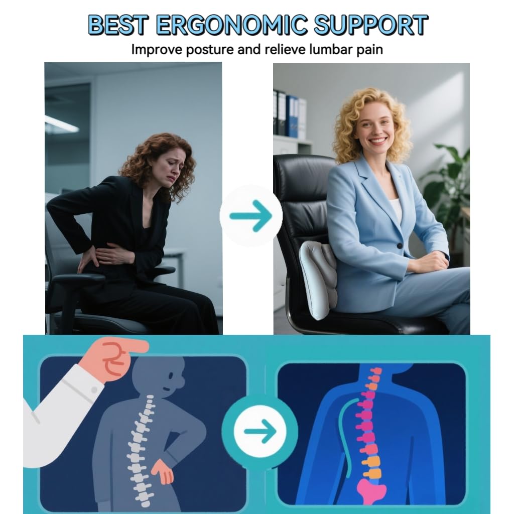 Travel Lumbar Pillow Inflatable Lumbar Support Pillow for Airplane Travel, Back Support Pillow for Office Chair/Car, Lumbar Pillow for Lower Back Pain Relief and Improve Posture, Easy to Carry, Grey