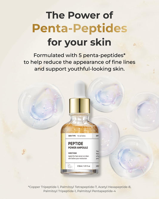 BOM COSMETICS Peptide Power Ampoule 1.01 Fl Oz, Penta-Peptide with 24k Gold Thread and 99% Pure Gold for Skin Collagen Boost, Firming Serum to Improve Elasticity and Radiance, Korean Skin Care