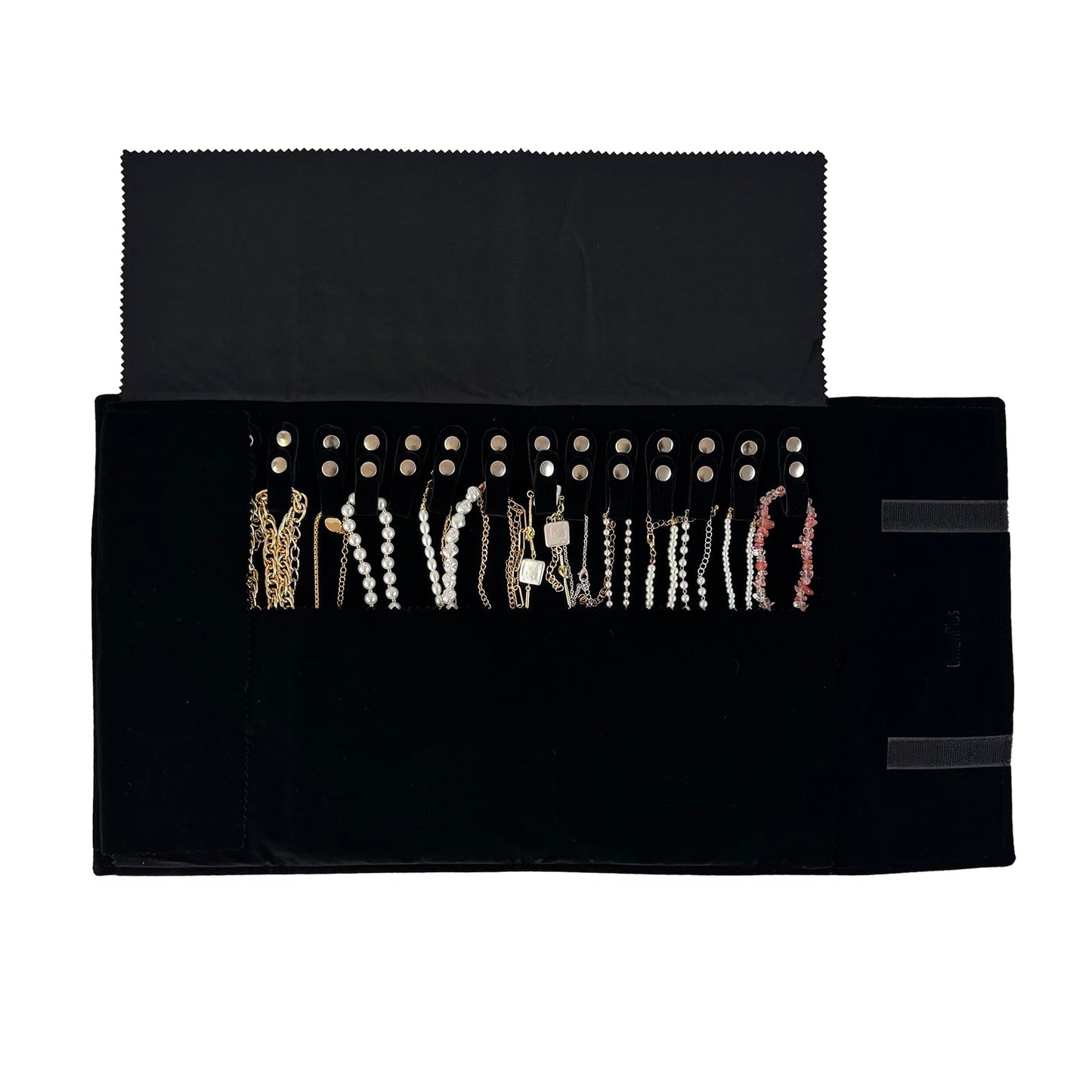 UnionPlus Velvet Travel Jewelry Roll Bag Organizer for Necklace, Elastic Band and Anti-winding, Black