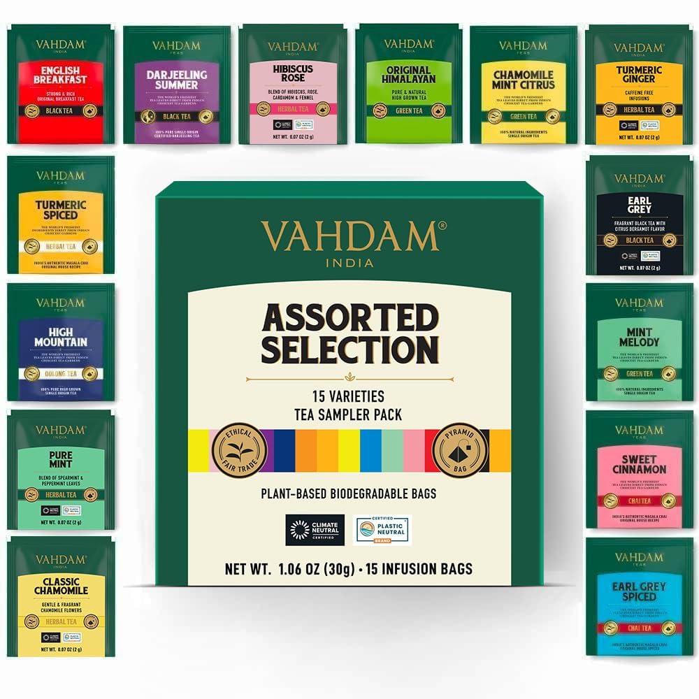 VAHDAM, Assorted Tea Sampler (15 Different Variety in Individually Wrapped Pyramid Tea Bags) Long Leaf Premium Teas I Teas Gift Set I Ideas for Tea Lovers | Gifts for Women & Men