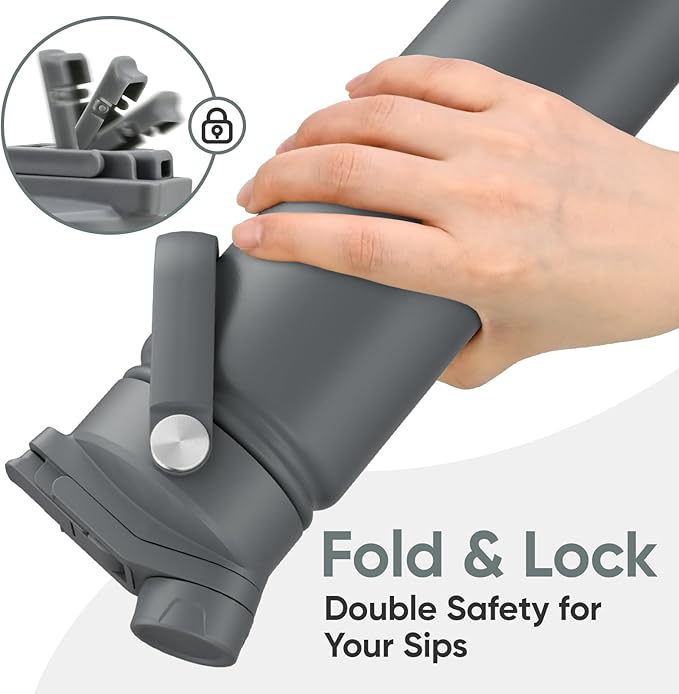 24 oz Insulated Water Bottle, 2-in-1 Lid, Straw & Spout with Protected, Leak Proof, Keep Cold, Stainless Steel, Metal, Reusable, Handle, for Travel, Gym and School, 2 Lids, Char Gray