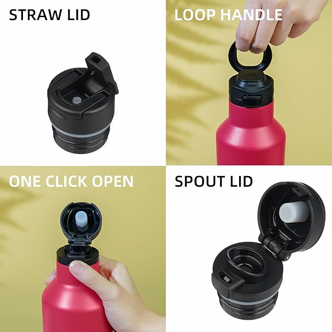 BJPKPK Insulated Water Bottle With Straw 17oz Stainless Steel Water Bottles With 2 Lids And Carry Handle Reusable Travel Metal Thermo,Charming Black Red