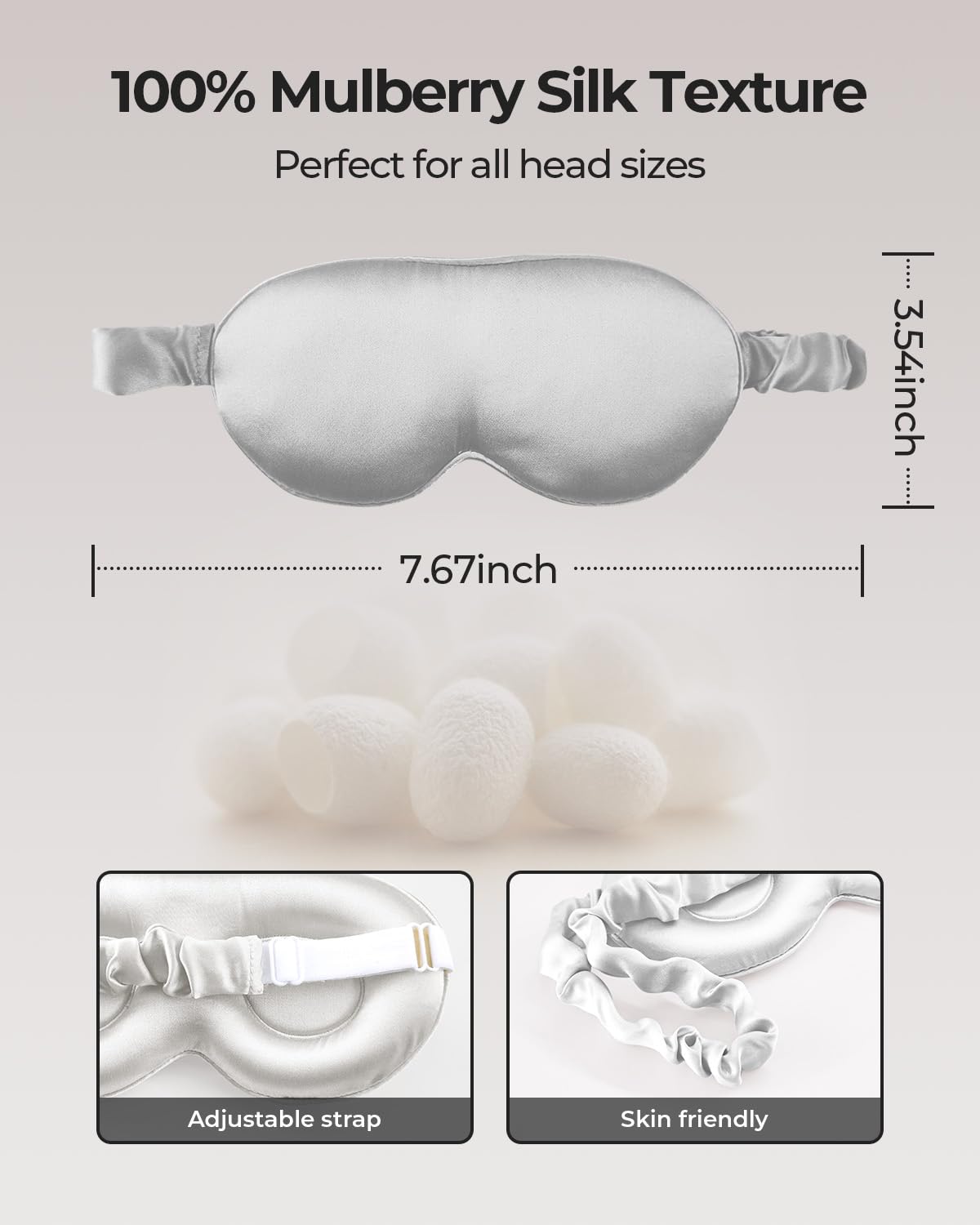 SGMSILK 100% Pure Mulberry Silk Sleep Mask, 3D Contoured Cup Eye Mask for Sleeping, 22 Momme Super Soft Breathable Blindfold, Adjustable Blackout Travel Silk Eye Cover Light Gray