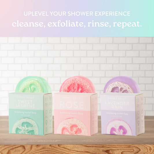 Honey Belle Exfoliating Loofah Soap 3-Pack Floral - Exfoliating Bar Soap with Loofah Inside - Cleansing, Moisturizing, Nourishing, Scrubby Soap - Plant-Based, Eco-Friendly, Vegan, Cruelty-Free