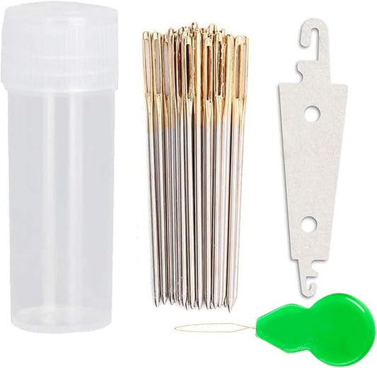 100pcs Cross Stitch Needles +2 Needle Threader Golden Color Large Eyes Cross Stitch DIY Embroidery Hand Needles Sewing Needles in Transparent Box (22#)