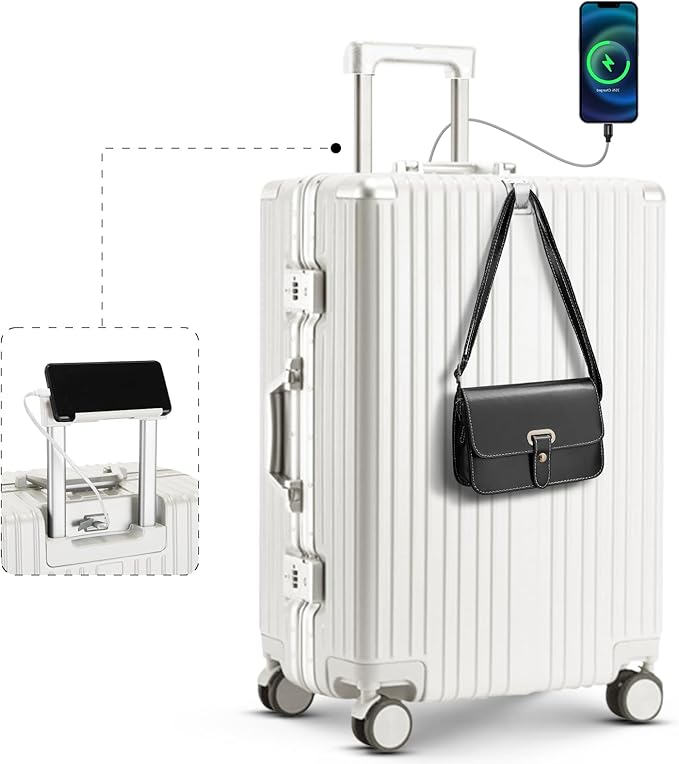 20 Inch Carry On Luggage Suitcase TSA Locks Approved Hardside Lightweight Suitcase With Cup Holder Carry-On Luggage With USB Port Zipperless Design Airline-Approved 360° 8 Double Spinner Wheels