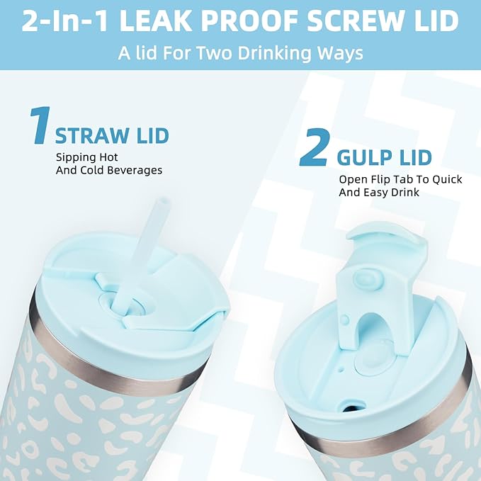 BJPKPK 26oz Tumbler With lid And Straw Stainless Steel Travel Coffee Mug Insulated Tumblers Cups,Light Blue Leopard