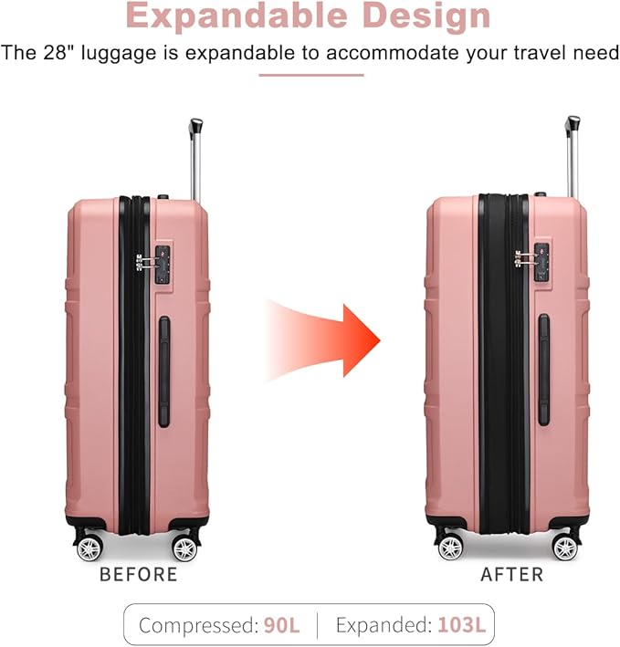 Kono 28 Inch Luggage Expandable Suitcase Lightweight with Spinner Wheels TSA Lock Hardside Large Checked Luggage Durable Rolling Suitcase Nude/Rose Pink