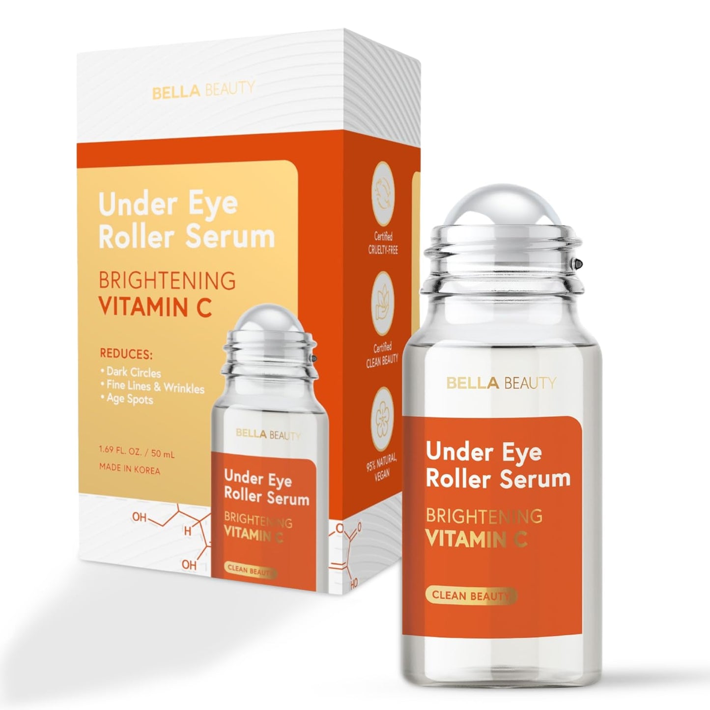 Bella Beauty Eye Roller Serum with Vitamin C & Niacinamide - Reduces Puffiness, Fine Lines & Dark Circles - Anti-Aging, Dermatologist Tested, Korean Skin Care for All Skin Types - 1.69 Fl. Oz