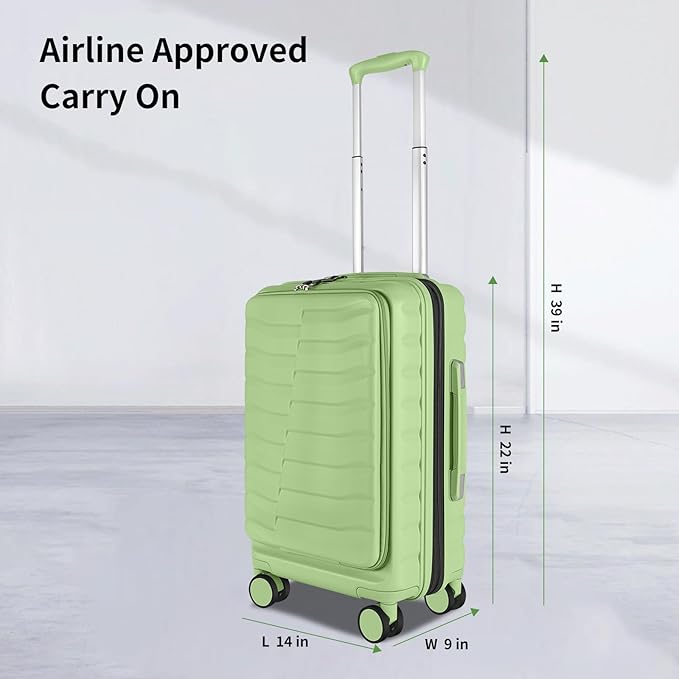 22×14×9 Airline Approved Carry On Luggage with Front Open Pocket, Spinner Wheels, ABS+PC Hardshell Small 20inch Suitcase with Protective Cover and Luggage Tag, Avocado Green