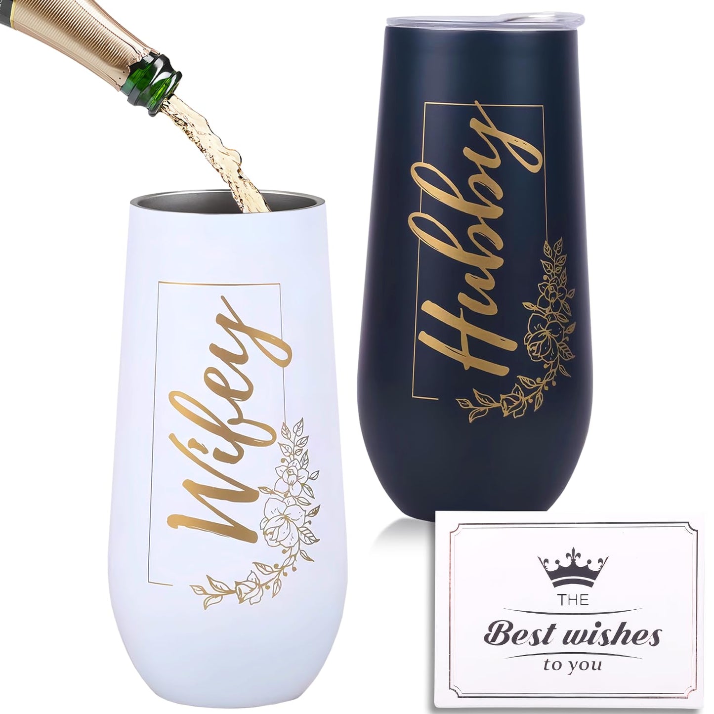 merrisport Wedding Gifts for Couples 2025,Hubby and Wifey Champagne Flutes with Best Wishes Card, Insulated Stainless Steel Tumblers with Lids, Bride and Groom Gift Box, Mr and Mrs Gift,12oz